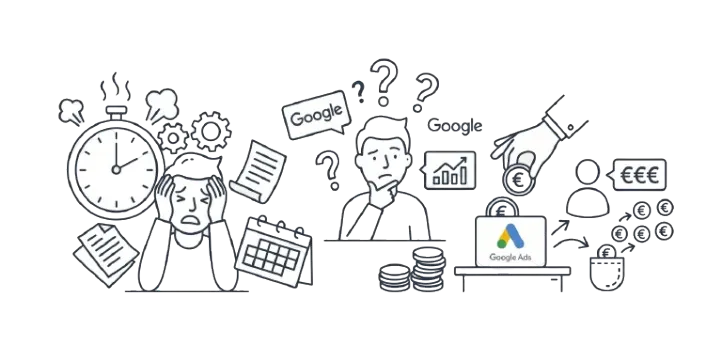 Illustratie van een ondernemer die worstelt met tijd, kennis en kosten van Google Ads
